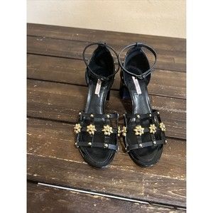Fabrizio Viti Black Gold Studded Flower Sandal Heels Womens size 36 Leather